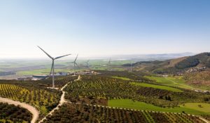 Wind turbines across a green landscape