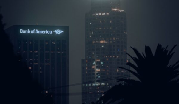 Bank of America logo on building at night