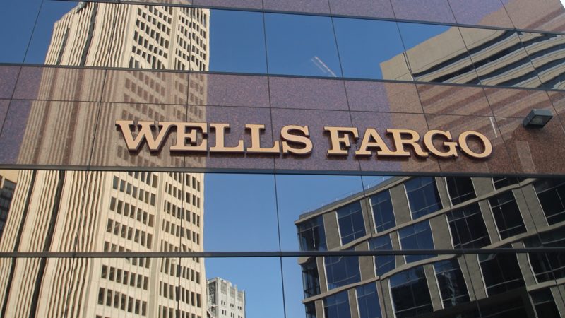 Wells Fargo Bank name on building.