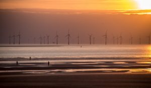 Offshore wind turbines at sunset