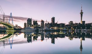 Auckland skyline reflected in water