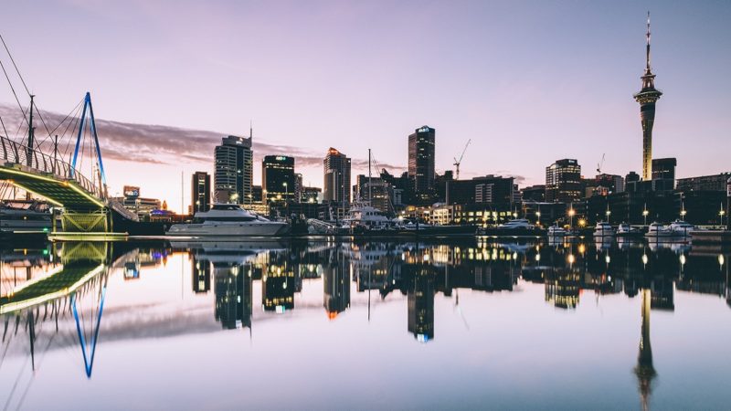 Auckland skyline reflected in water
