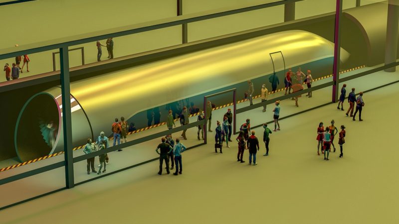 Train station and Hyperloop. Passengers waiting for the train. Futuristic technology for high-speed transport. 3d rendering
