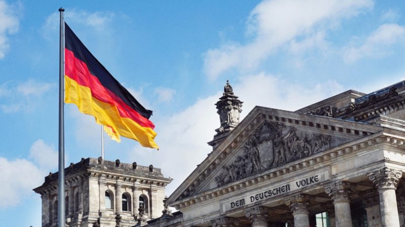 German flag in front of building