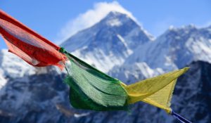 Mt. Everest with prayer flags in foreground