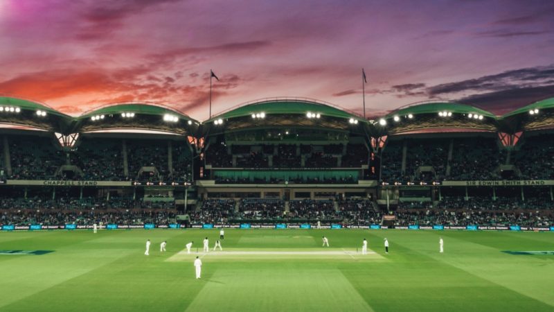 Cricket match in stadium at night