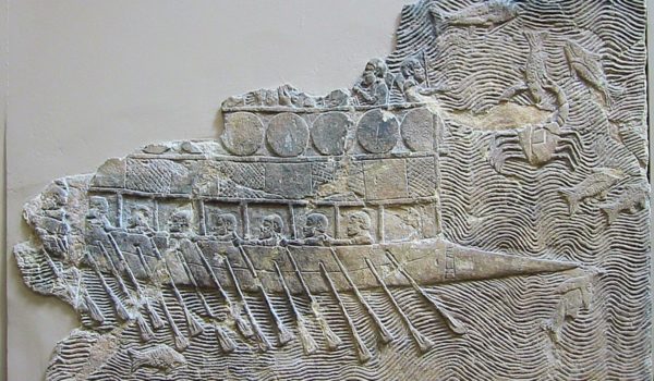 Phoenician warship[8] with two rows of oars, relief from Nineveh, ca. 700 BC