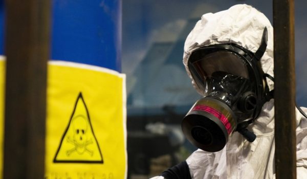 Person in protective biohazard suit