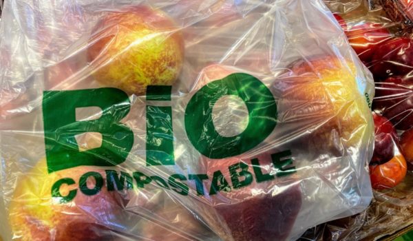 Plastic bag with "bio compostable" written on it