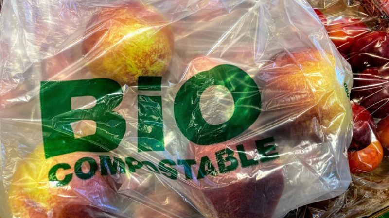 Plastic bag with "bio compostable" written on it