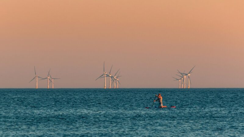 Offshore wind turbines with paddler in foreground
