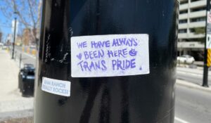 "We have always been here. Trans pride." sign on post