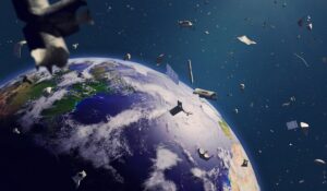 space debris in Earth orbit, dangerous junk orbiting around the blue planet